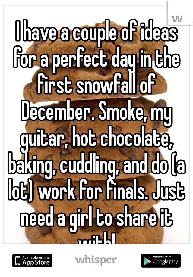 I have a couple of ideas for a perfect day in the first snowfall of December. Smoke, my guitar, hot chocolate, baking, cuddling, and do (a lot) work for finals. Just need a girl to share it with! 