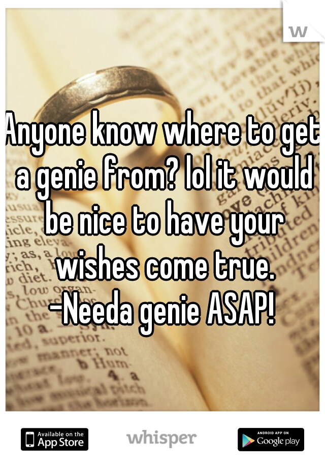 Anyone know where to get a genie from? lol it would be nice to have your wishes come true.
-Needa genie ASAP!