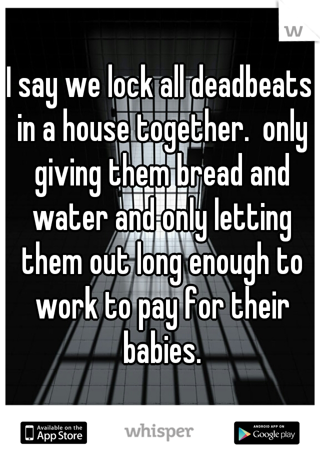 I say we lock all deadbeats in a house together.  only giving them bread and water and only letting them out long enough to work to pay for their babies.