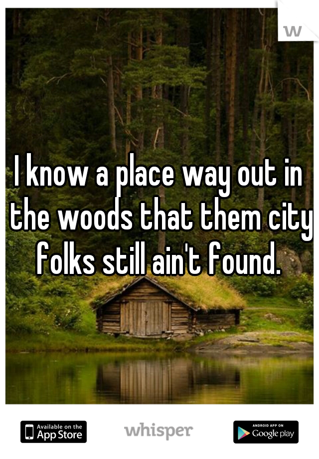 I know a place way out in the woods that them city folks still ain't found. 