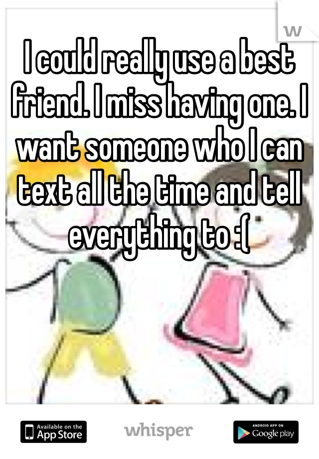 I could really use a best friend. I miss having one. I want someone who I can text all the time and tell everything to :(