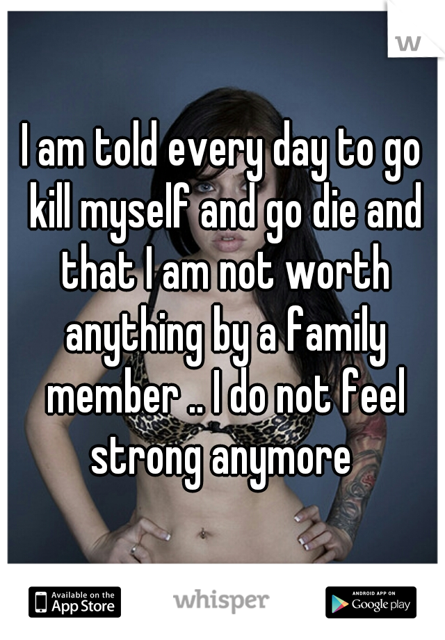 I am told every day to go kill myself and go die and that I am not worth anything by a family member .. I do not feel strong anymore 
