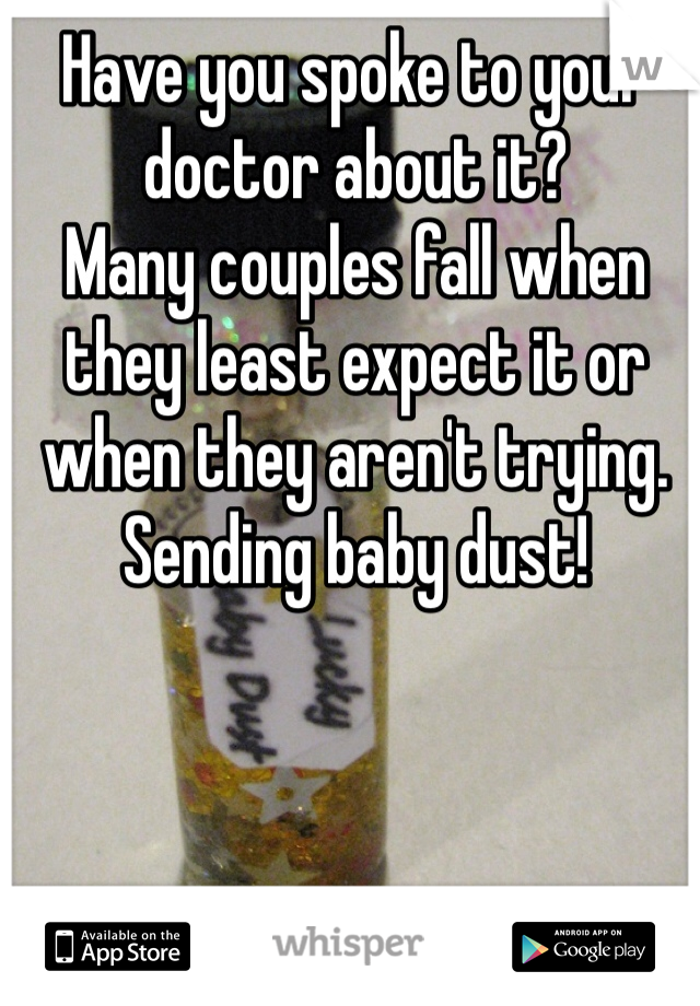Have you spoke to your doctor about it? 
Many couples fall when they least expect it or when they aren't trying.
Sending baby dust! 