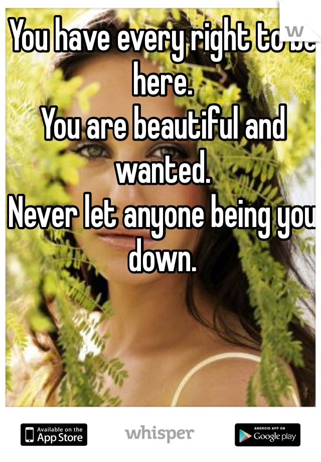 You have every right to be here. 
You are beautiful and wanted. 
Never let anyone being you down. 