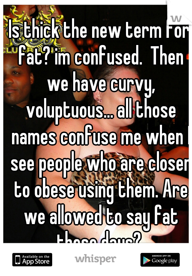 Is thick the new term for fat? im confused.  Then we have curvy, voluptuous... all those names confuse me when I see people who are closer to obese using them. Are we allowed to say fat these days? 