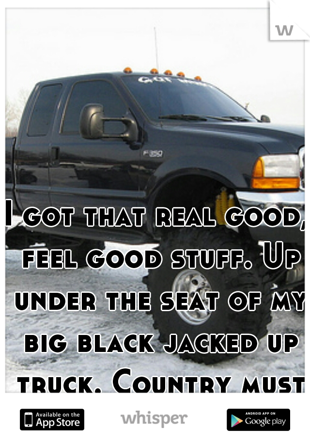 I got that real good, feel good stuff. Up under the seat of my big black jacked up truck. Country must be country wide.