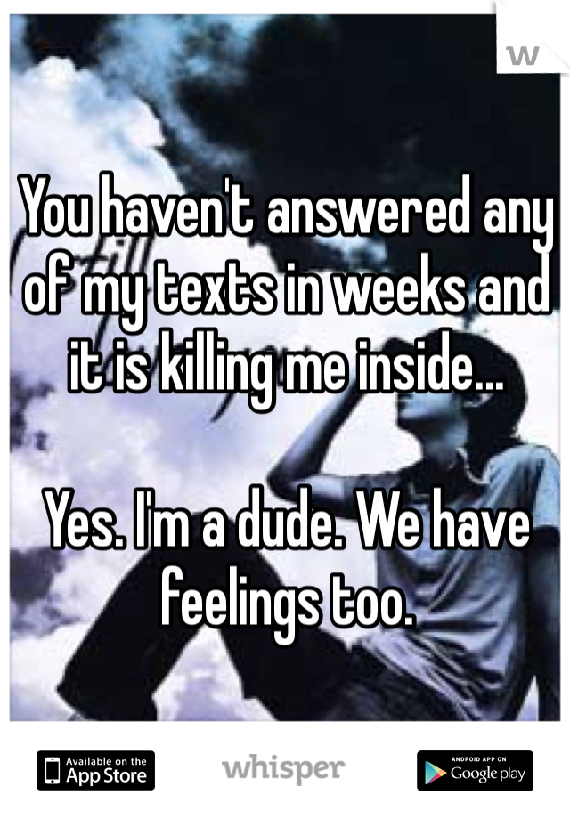 You haven't answered any of my texts in weeks and it is killing me inside... 

Yes. I'm a dude. We have feelings too. 