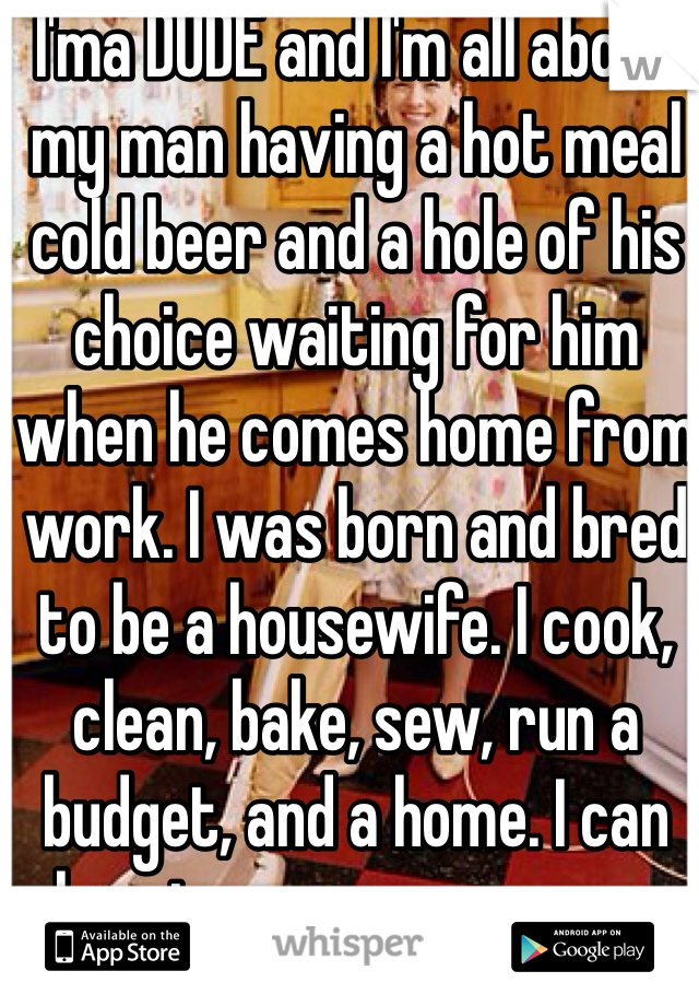 I'ma DUDE and I'm all about my man having a hot meal cold beer and a hole of his choice waiting for him when he comes home from work. I was born and bred to be a housewife. I cook, clean, bake, sew, run a budget, and a home. I can also give a mean massage.