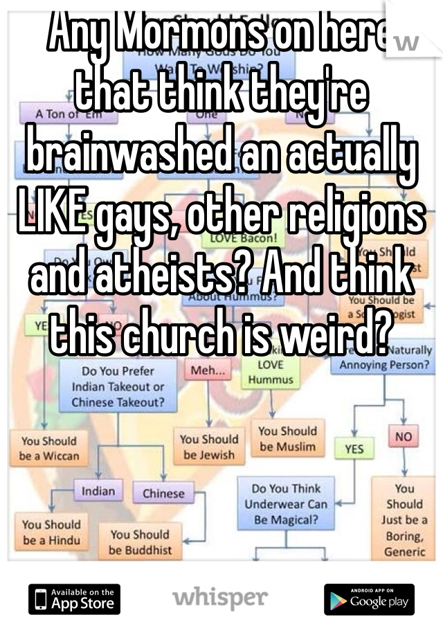 Any Mormons on here that think they're brainwashed an actually LIKE gays, other religions and atheists? And think this church is weird?