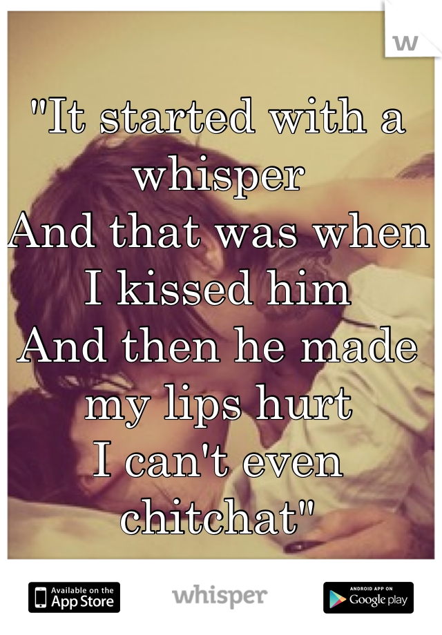 "It started with a whisper
And that was when I kissed him
And then he made my lips hurt
I can't even chitchat"