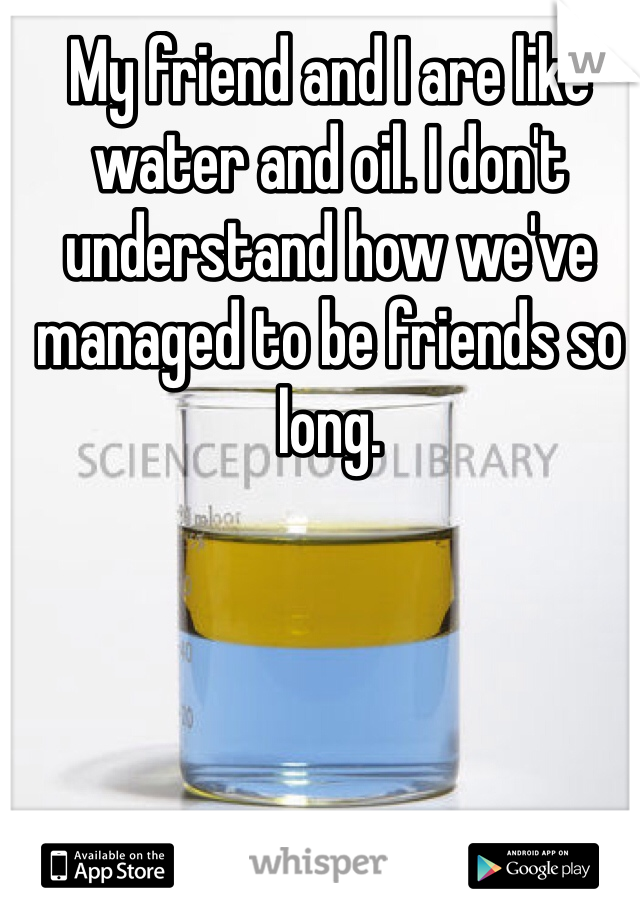My friend and I are like water and oil. I don't understand how we've managed to be friends so long.