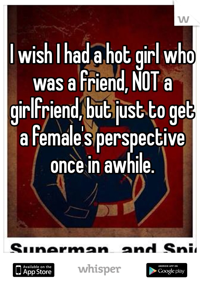 I wish I had a hot girl who was a friend, NOT a girlfriend, but just to get a female's perspective once in awhile.