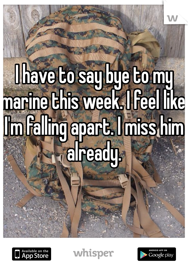 I have to say bye to my marine this week. I feel like I'm falling apart. I miss him already. 
