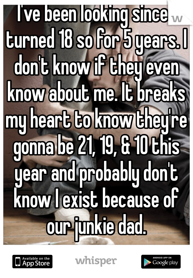 I've been looking since I turned 18 so for 5 years. I don't know if they even know about me. It breaks my heart to know they're gonna be 21, 19, & 10 this year and probably don't know I exist because of our junkie dad. 