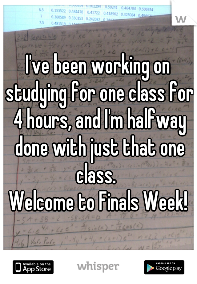 I've been working on studying for one class for 4 hours, and I'm halfway done with just that one class.  
Welcome to Finals Week!