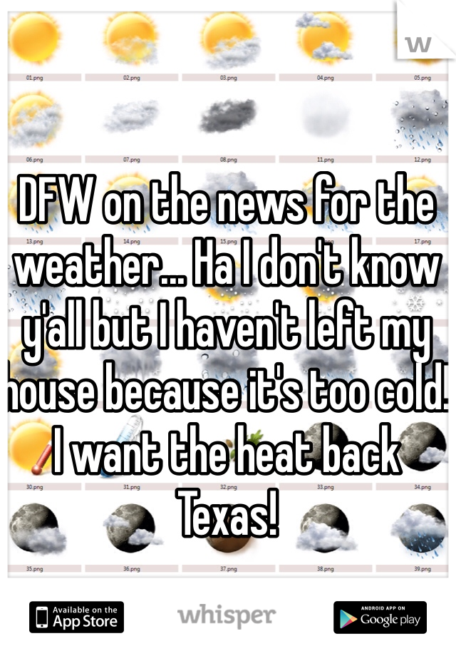 DFW on the news for the weather... Ha I don't know y'all but I haven't left my house because it's too cold! I want the heat back Texas! 