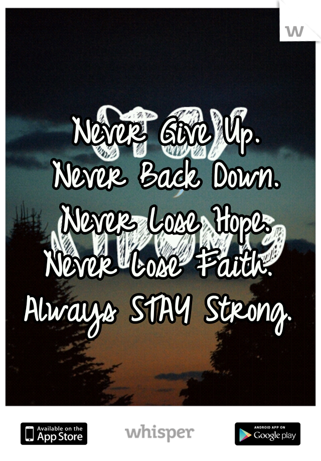 Never Give Up.

Never Back Down.

Never Lose Hope.

Never Lose Faith. 

Always STAY Strong. 