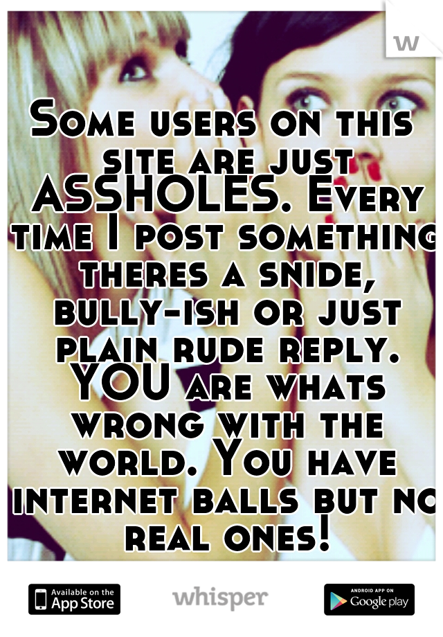 Some users on this site are just ASSHOLES. Every time I post something theres a snide, bully-ish or just plain rude reply. YOU are whats wrong with the world. You have internet balls but no real ones!