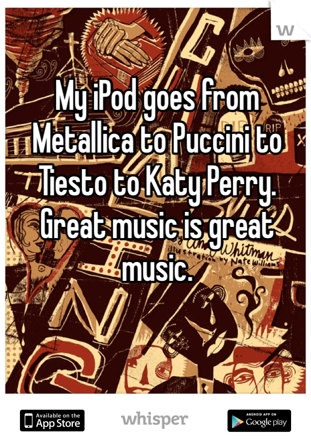 My iPod goes from
Metallica to Puccini to Tiesto to Katy Perry. 
Great music is great music. 
