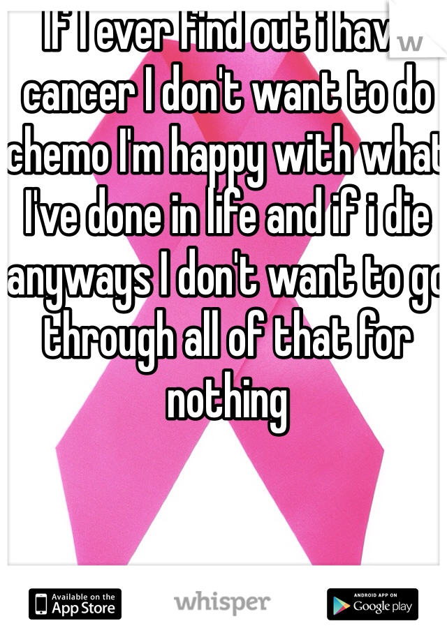 If I ever find out i have cancer I don't want to do chemo I'm happy with what I've done in life and if i die anyways I don't want to go through all of that for nothing
