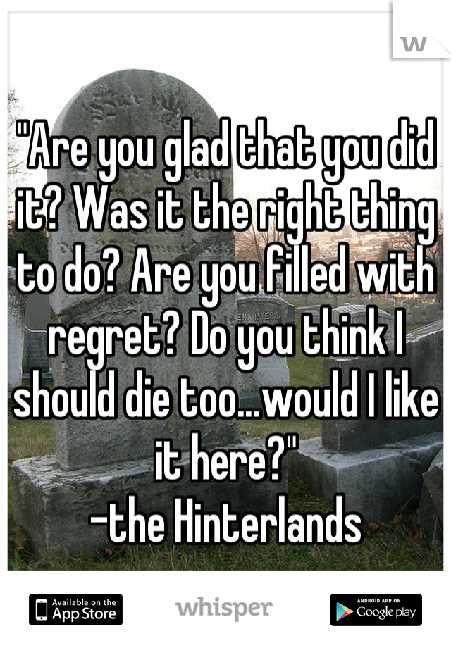 "Are you glad that you did it? Was it the right thing to do? Are you filled with regret? Do you think I should die too...would I like it here?"
-the Hinterlands