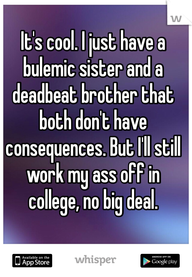 It's cool. I just have a bulemic sister and a deadbeat brother that both don't have consequences. But I'll still work my ass off in college, no big deal. 