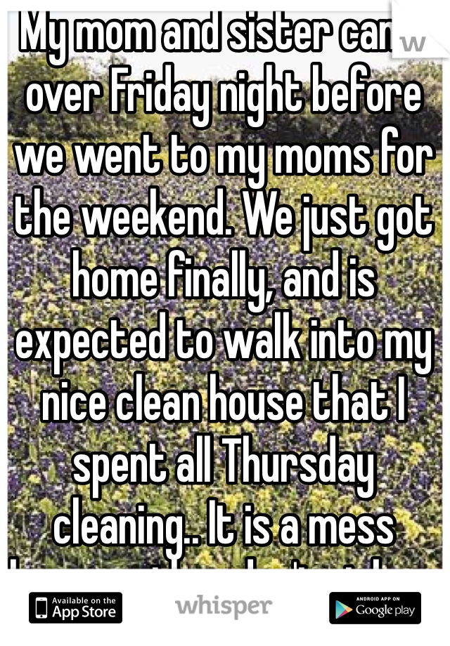 My mom and sister came over Friday night before we went to my moms for the weekend. We just got home finally, and is expected to walk into my nice clean house that I spent all Thursday cleaning.. It is a mess because they don't pick up after themselves. 
