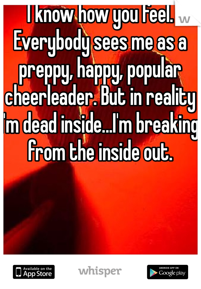 I know how you feel. Everybody sees me as a preppy, happy, popular cheerleader. But in reality I'm dead inside...I'm breaking from the inside out. 