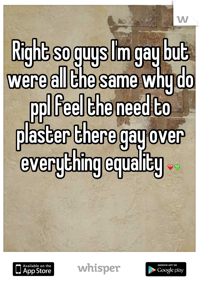 Right so guys I'm gay but were all the same why do ppl feel the need to plaster there gay over everything equality ❤💚