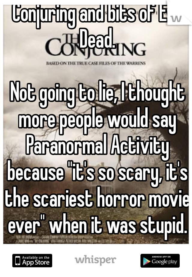 Conjuring and bits of Evil Dead.

Not going to lie, I thought more people would say Paranormal Activity because "it's so scary, it's the scariest horror movie ever" when it was stupid.