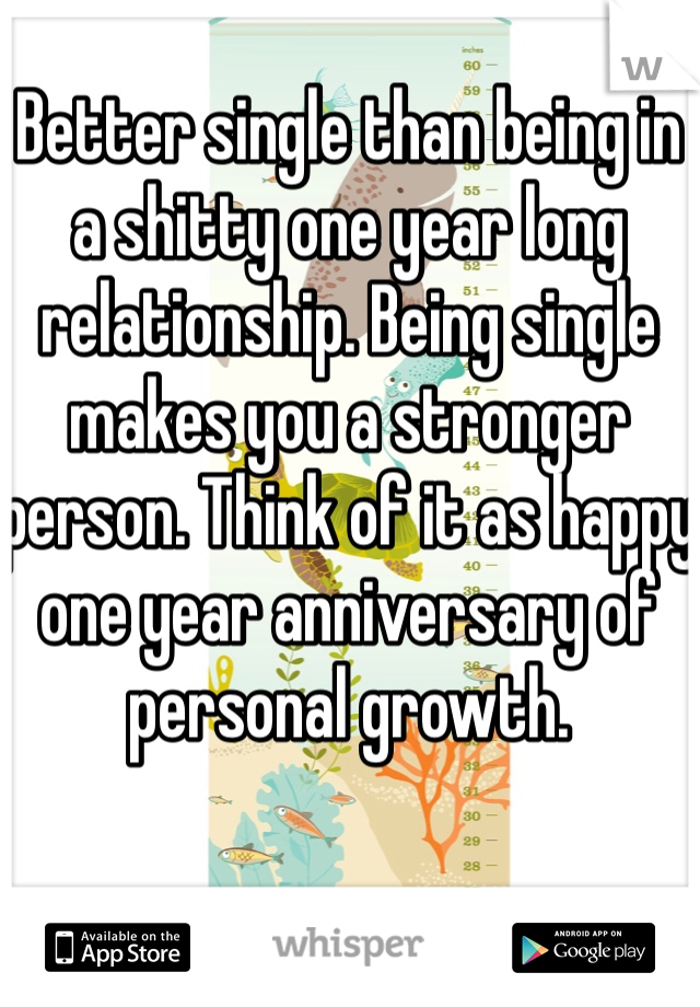 Better single than being in a shitty one year long relationship. Being single makes you a stronger person. Think of it as happy one year anniversary of personal growth. 