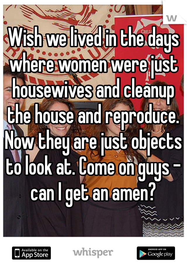 Wish we lived in the days where women were just housewives and cleanup the house and reproduce. 
Now they are just objects to look at. Come on guys - can I get an amen? 