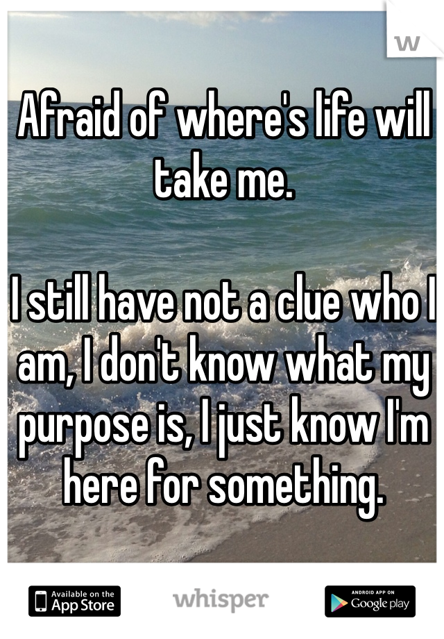 Afraid of where's life will take me.

I still have not a clue who I am, I don't know what my purpose is, I just know I'm here for something.