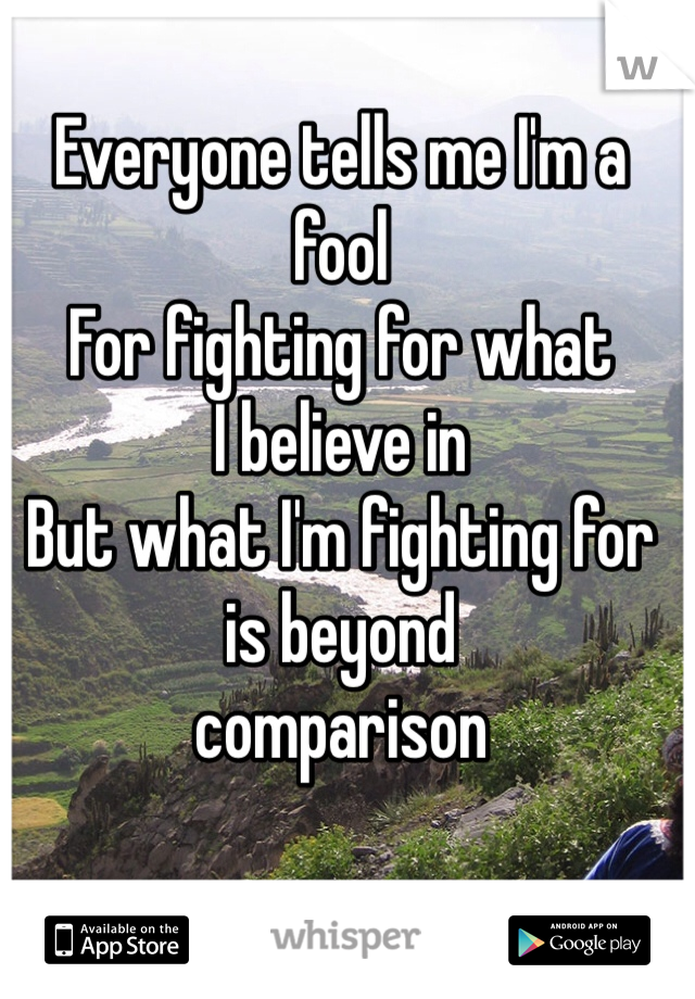 Everyone tells me I'm a fool 
For fighting for what 
I believe in
But what I'm fighting for is beyond 
comparison 