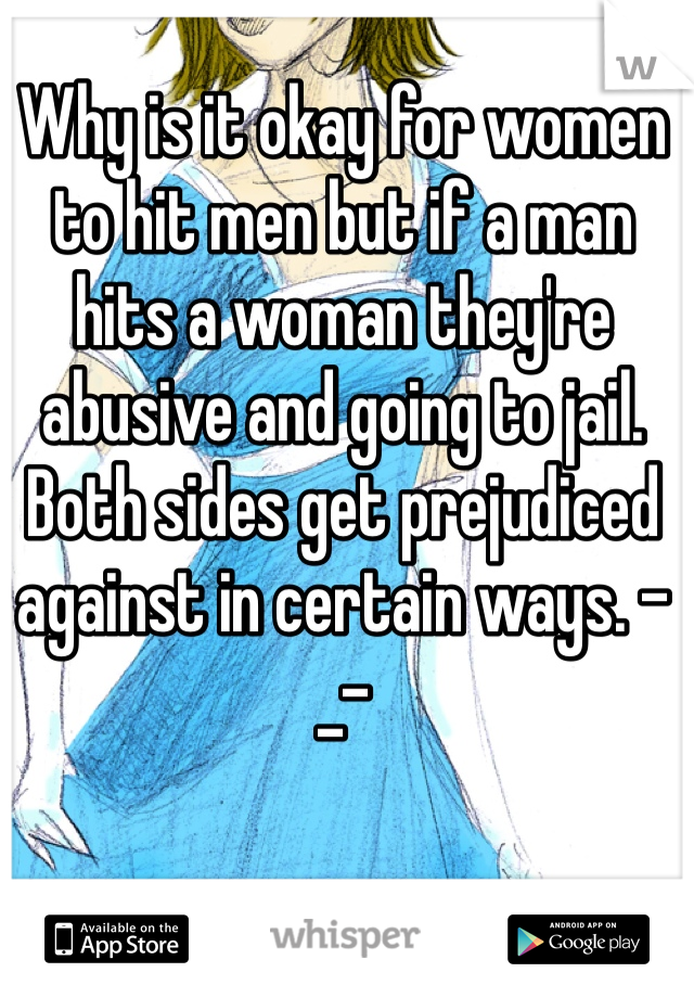Why is it okay for women to hit men but if a man hits a woman they're abusive and going to jail.
Both sides get prejudiced against in certain ways. -_-