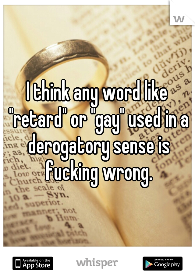 I think any word like "retard" or "gay" used in a derogatory sense is fucking wrong.