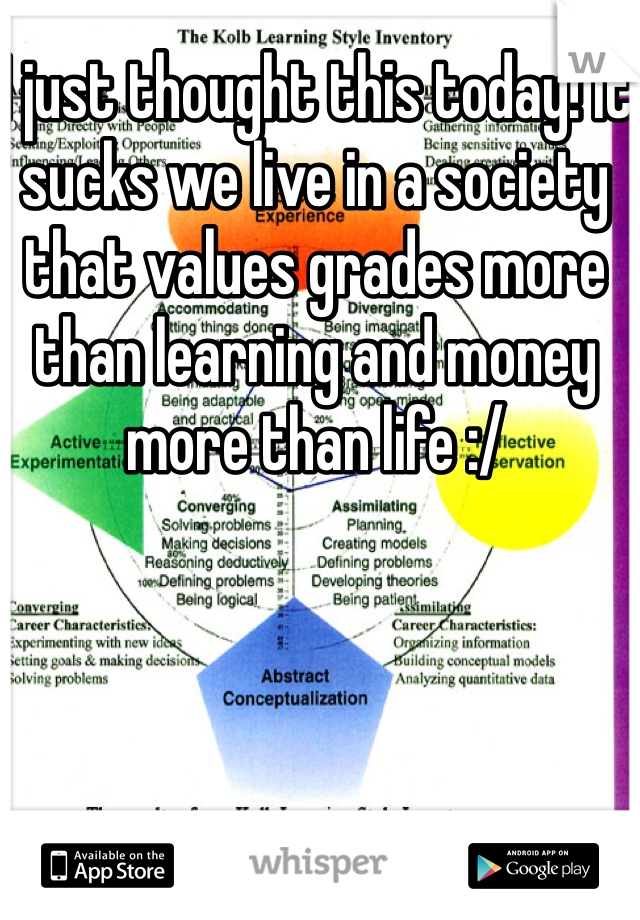 I just thought this today! It sucks we live in a society that values grades more than learning and money more than life :/
