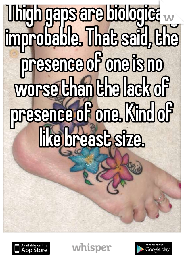 Thigh gaps are biologically improbable. That said, the presence of one is no worse than the lack of presence of one. Kind of like breast size. 