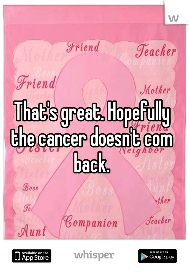 That's great. Hopefully the cancer doesn't com back. 