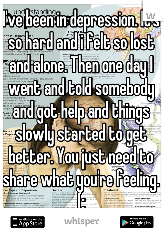 I've been in depression. It's so hard and i felt so lost and alone. Then one day I went and told somebody and got help and things  slowly started to get better. You just need to share what you're feeling.(: