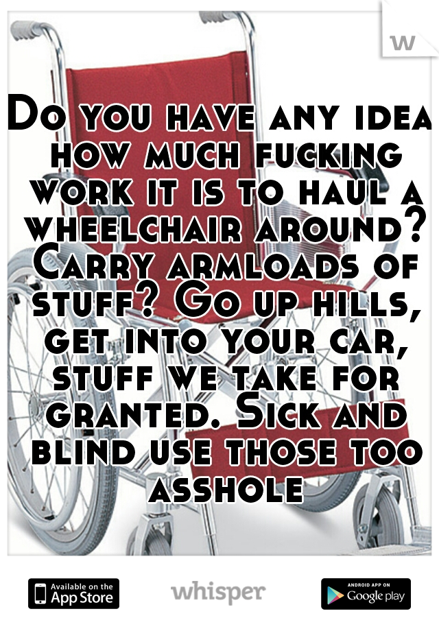 Do you have any idea how much fucking work it is to haul a wheelchair around? Carry armloads of stuff? Go up hills, get into your car, stuff we take for granted. Sick and blind use those too asshole