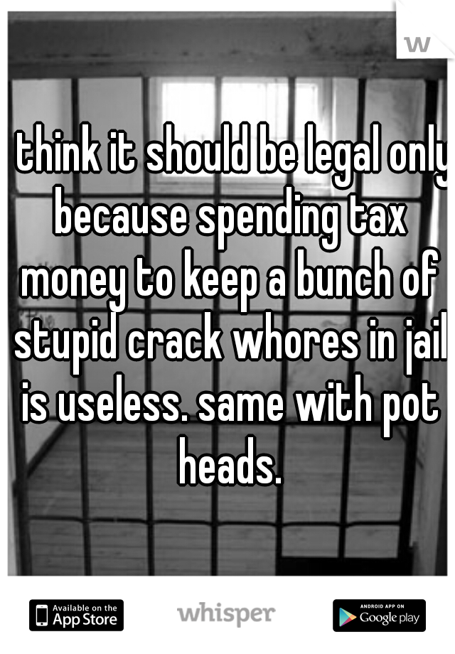 I think it should be legal only because spending tax money to keep a bunch of stupid crack whores in jail is useless. same with pot heads.