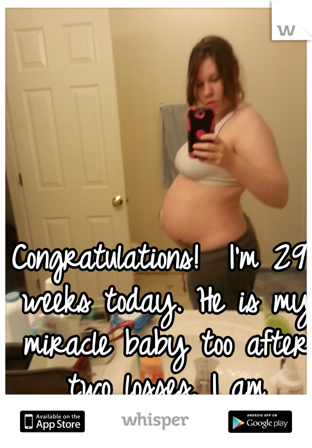 Congratulations!  I'm 29 weeks today. He is my miracle baby too after two losses. I am overjoyed.  ♥