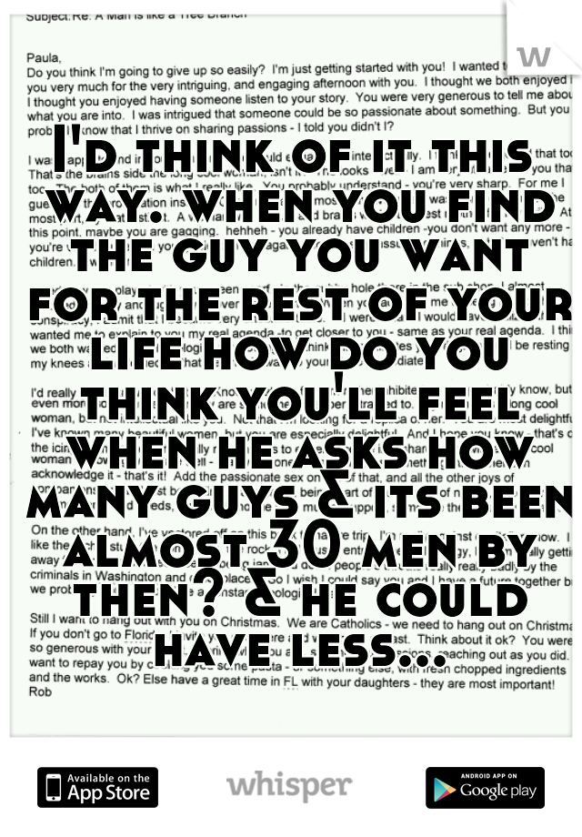 I'd think of it this way. when you find the guy you want for the rest of your life how do you think you'll feel when he asks how many guys & its been almost 30 men by then? & he could have less...