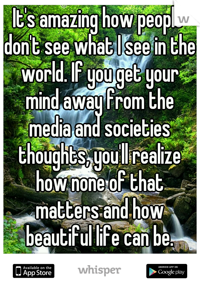 It's amazing how people don't see what I see in the world. If you get your mind away from the media and societies thoughts, you'll realize how none of that matters and how beautiful life can be.