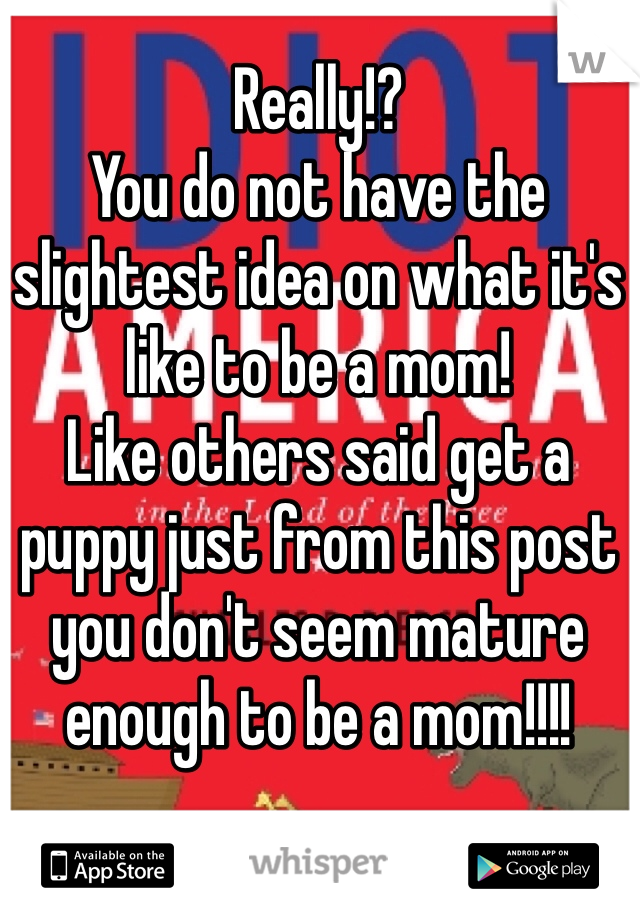 Really!? 
You do not have the slightest idea on what it's like to be a mom!
Like others said get a puppy just from this post you don't seem mature enough to be a mom!!!!