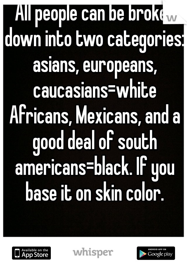 All people can be broken down into two categories: asians, europeans, caucasians=white 
Africans, Mexicans, and a good deal of south americans=black. If you base it on skin color.