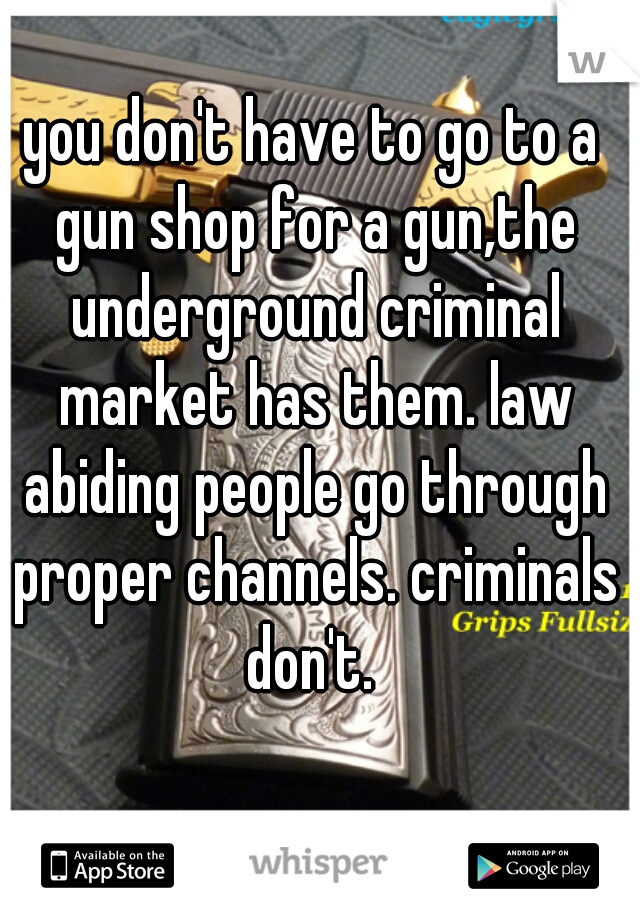 you don't have to go to a gun shop for a gun,the underground criminal market has them. law abiding people go through proper channels. criminals don't. 