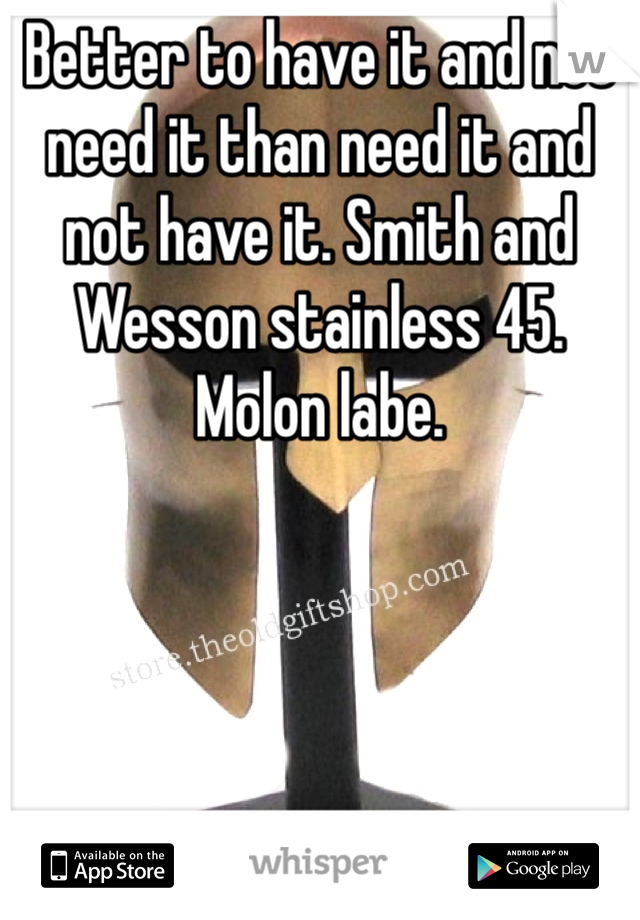 Better to have it and not need it than need it and not have it. Smith and Wesson stainless 45. Molon labe. 