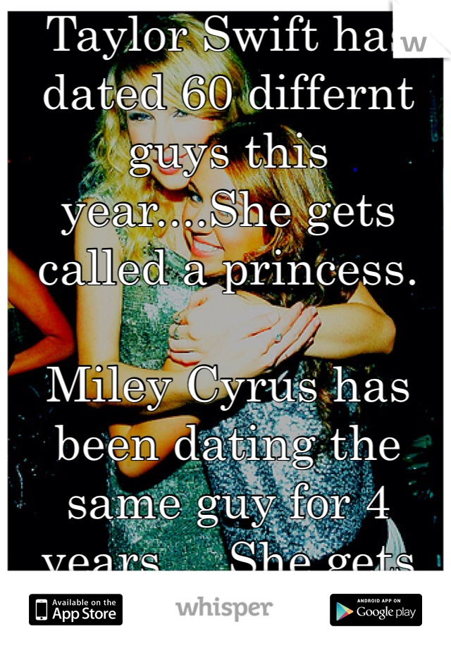 Taylor Swift has dated 60 differnt guys this year....She gets called a princess.

Miley Cyrus has been dating the same guy for 4 years.... She gets called a $lut.